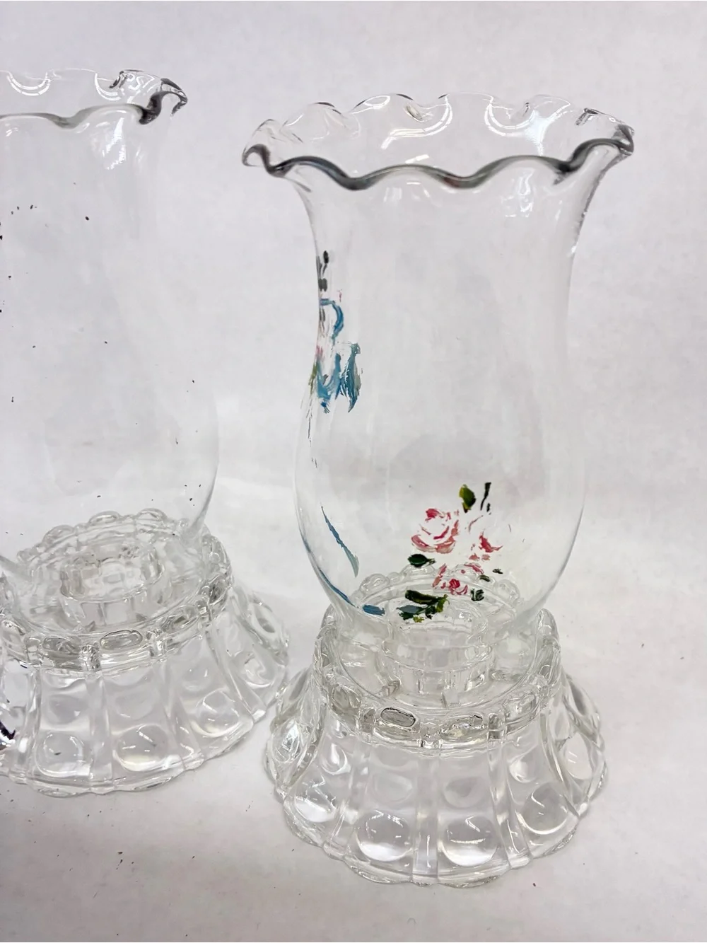 Vintage Indiana Glass Painted Hurricane Shades w/ Candle Holder Bases Lot of 2